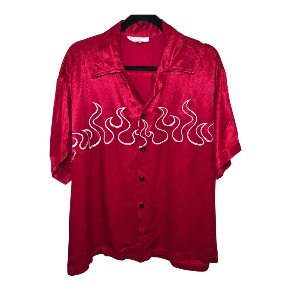Vintage Y2K Red Satin Flame Embroidered Button Up Bowling Shirt Men's Large USA